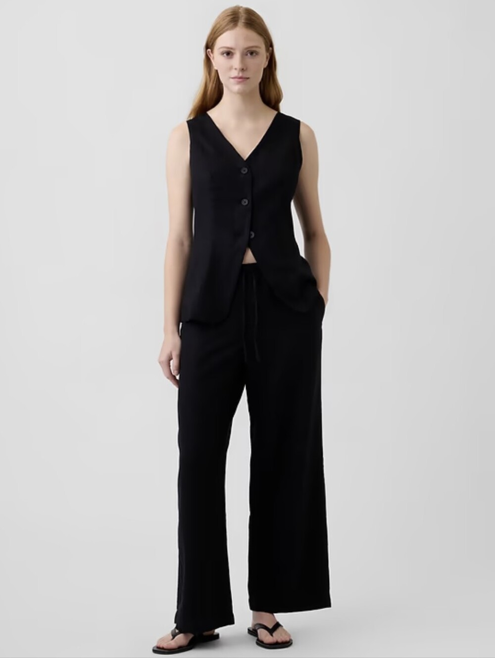 Women H&M Wide-Leg Linen Blend Pant in Black